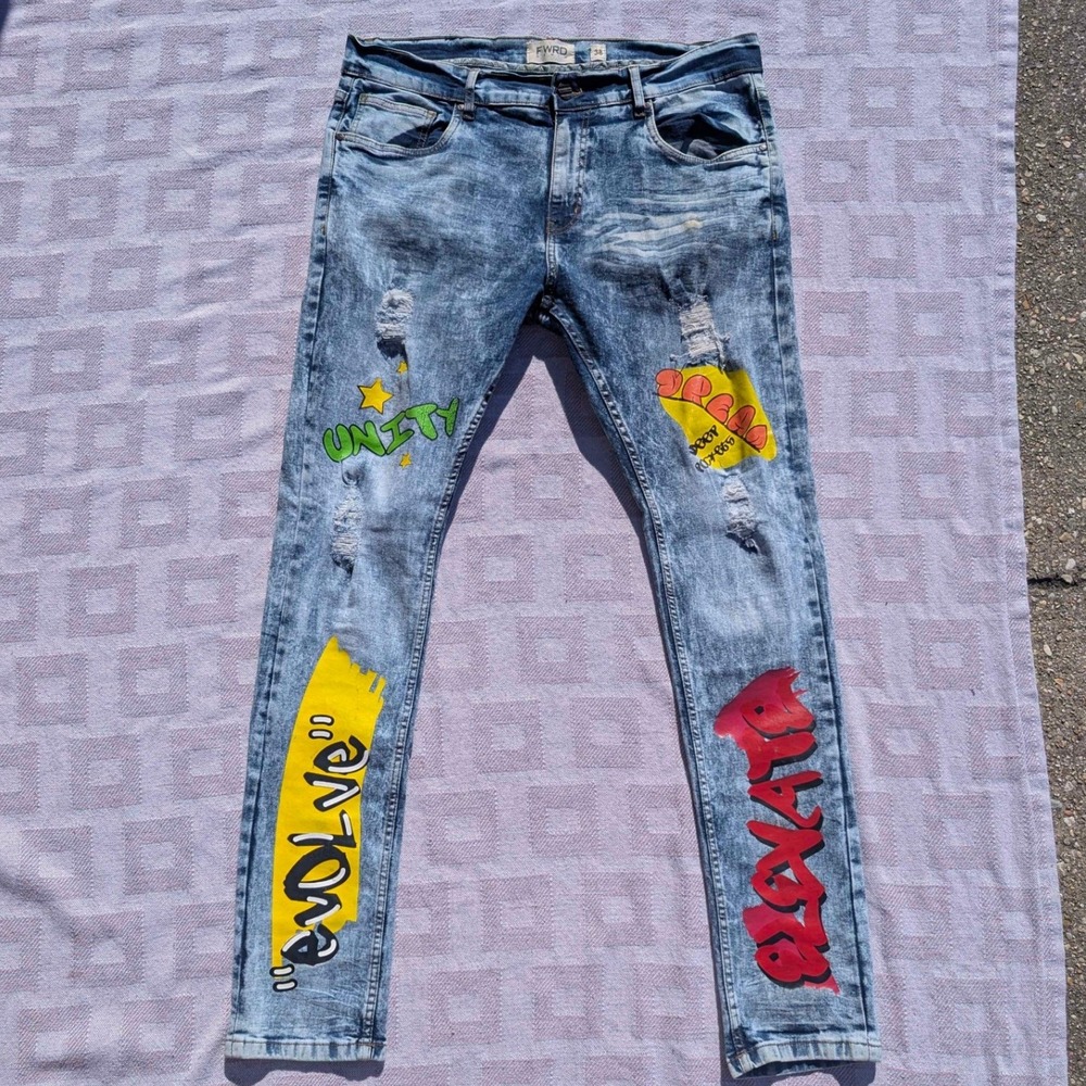 FWRD DENIM‎ Men's Acid Wash Distressed Painted Graffiti Jeans Size 38